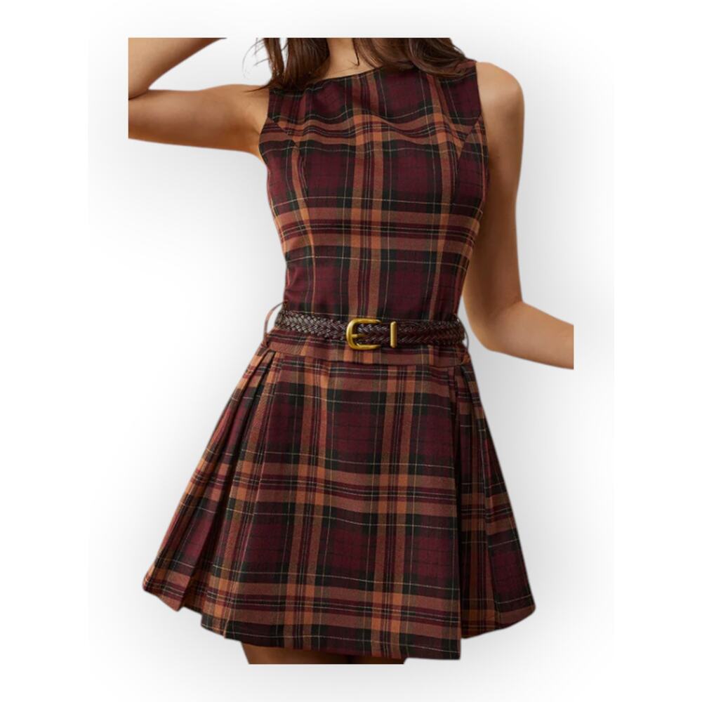 Commense Plaid Pleated Mini Dress Sleeveless Checkered XL Parisian Chic